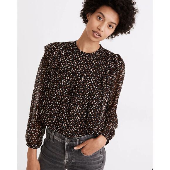 Madewell Womens Georgette Mockneck Ruffle Yoke Puff-Sleeve Top Printed Small - Picture 1 of 13